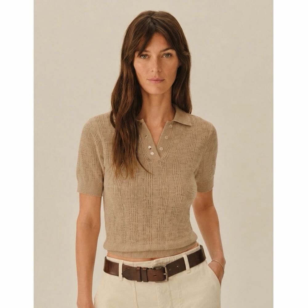 BUCK MASON Taupe Linen Blend Collared Polo Short Sleeve Jacquard Top